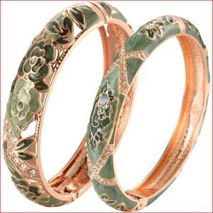 Vintage Cloisonne Enameled Rhinestone Rose Hinged Cuff Bracelet Alloy